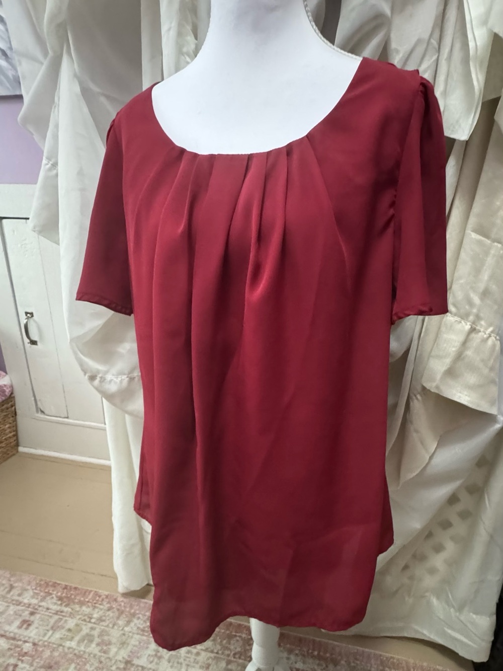 BloomChic Pleated Scoop Neck Blouse in Wine Red